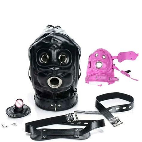 Pu Leather Head Harness Dildo Gag Hood Mask Bondage Bdsm Cosplay