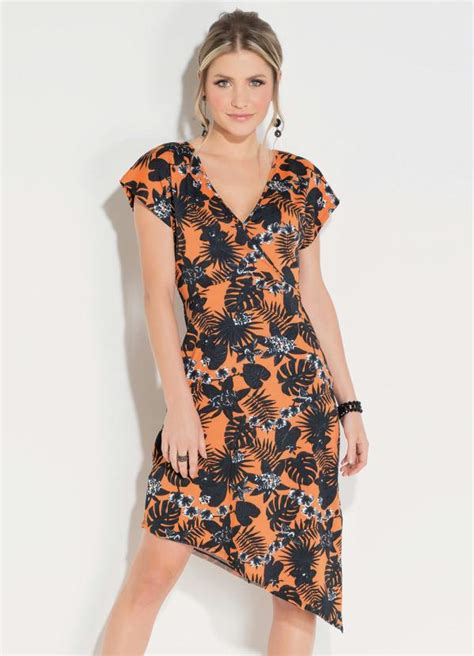 Vestido Quintess Assimétrico Floral Laranja Queima de Estoque