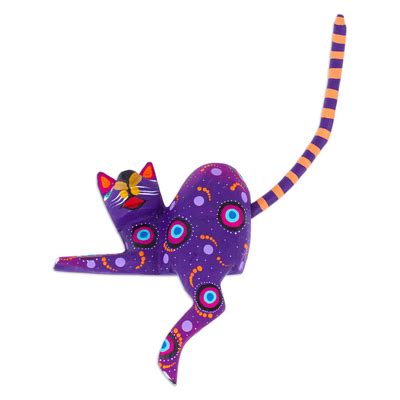 Hand Painted Purple Copal Wood Alebrije Cat Figurine Placid Feline In