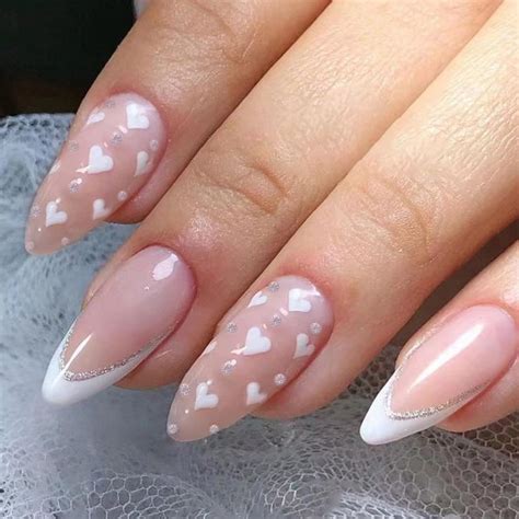 Heart Fake Nails Mesium Almond Valentines Acrylic Press On Nails Nude Stick On Nails Full Cover
