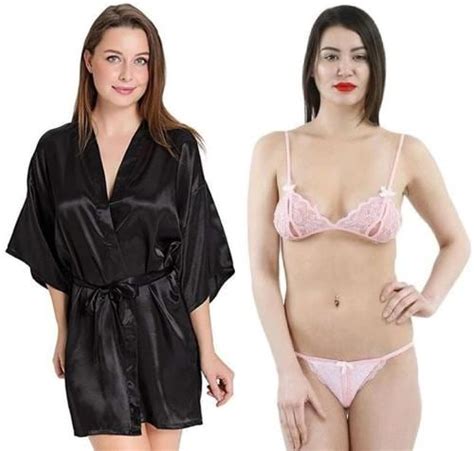 Buy Iyaracollection Women Black Self Design Pure Satin Lace Lingerie Robe Set Online At Best