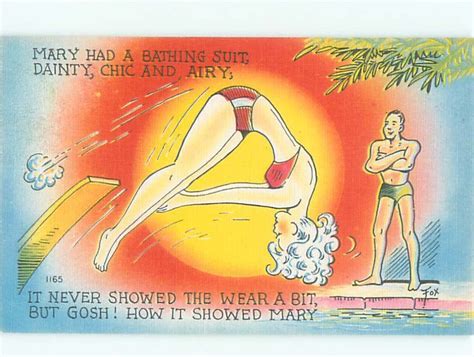 Linen Risque Signed MAN ADMIRES BIKINI GIRL ON DIVING BOARD AB