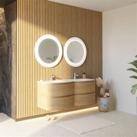 MOBILE BAGNO SOSPESO CURVO DA 140CM IN ROVERE DOPPIO LAVABO IN RESINA