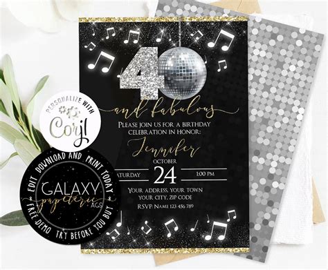 Editable 40th Birthday Invitation Disco Party Editable Etsy