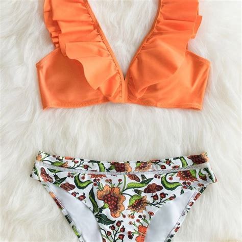 Cupshe Swim Cupshe Orange Ruffle Bikini With Floral Bottom Poshmark