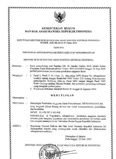 Keputusan Menteri Hukum Dan HAM RI Nomor AHU 88 AH 01 07 Tahun 2010