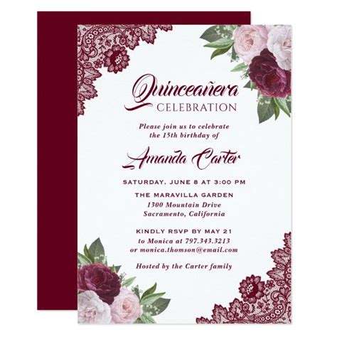 Chic Pink Burgundy Floral Quincea Era Invitations