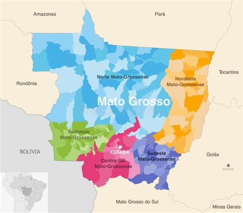 Mapa Administrativo Do Estado Do Brasil Mato Grosso Mostrando Municípios Coloridos Por