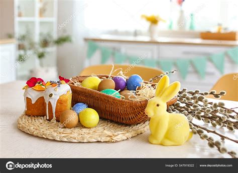 Basket Easter Eggs Cakes Rabbit Pussy Willow Branches Dining Table Stock Photo Serezniy