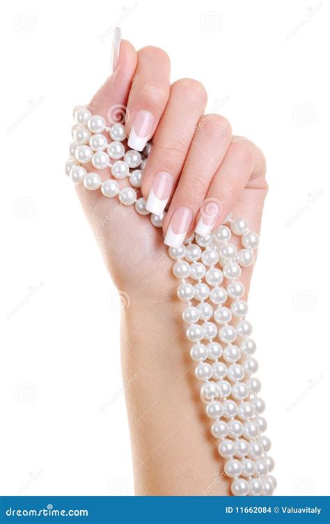 Woman Hand With French Manicure And Perl Stock Photo Image Of