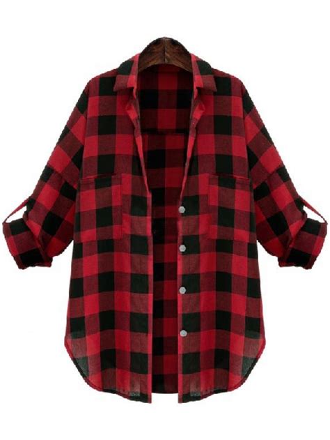 Red Black Lapel Plaid Pockets Blouse Black Plaid Shirt Red Plaid