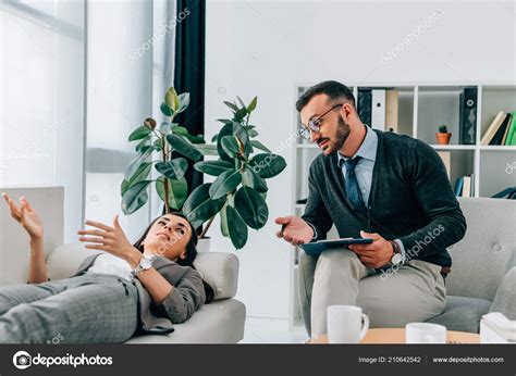 Patient Lying Sofa Talking Therapist Office Stock Photo By