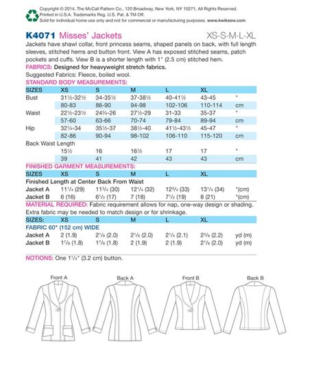 Kwik Sew 4071 UNCUT Pattern For Misses Jackets Sizes XS XL Etsy