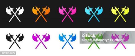 set crossed medieval axes icon isolated  black  white background