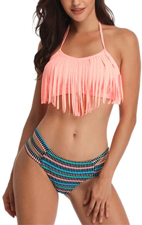 Women Two Piece Swimsuit Retro Tassel Bikini Set Wf Shopping