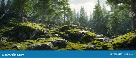 Wilderness Landscape Forest With Pine Trees And Moss On Rocks Stock