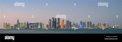 Panoramic view at dusk, skyline of Doha, Doha, Doha, Qatar Stock Photo ...