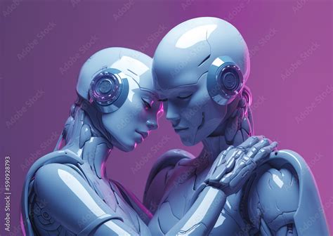 Illustration Of A Cyborg Couple Hugging Close In A Very Intimate