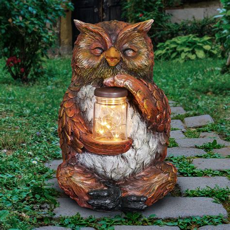 Exhart Solar Owl Garden Statue Holding A Firefly Jar With Eight LED