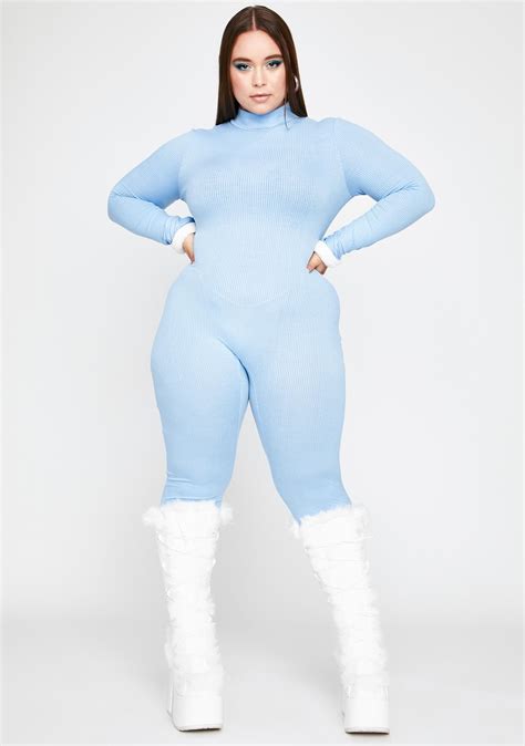 Plus Size Ribbed Long Sleeve Mock Neck Catsuit Jumpsuit Stretchy