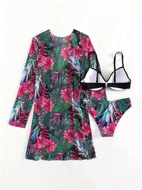 Shein Swim Vcay Tropical Print Push Up Bikini Swimsuit With Kimono