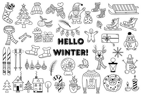 Hello Winter Doodle Set Hand Drawn Winter And Christmas Elements