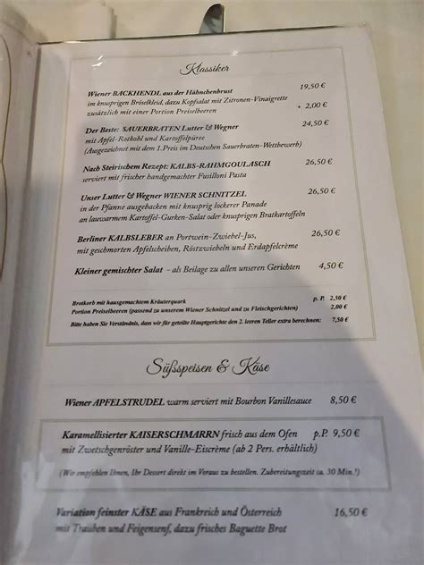 Speisekarte von Lutter Wegner restaurant Berlin Charlottenstraße 56