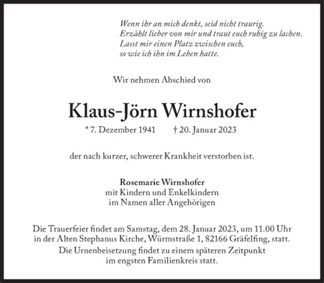 Traueranzeigen von Klaus Jörn Wirnshofer SZ Gedenken de