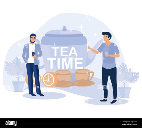 Tea Time Concept Hot Drinks Party Tiny People Drinking Tea Kettle Cup Lemon Slice And Sugar