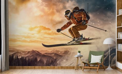 Skier Wall Mural/ Mountain Wallpaper/ Alpine Skiers Wall - Etsy