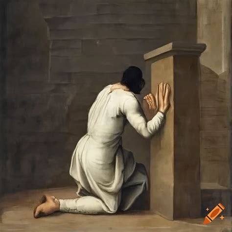 Painting Of A Man Praying In Front Of A Stone Wall