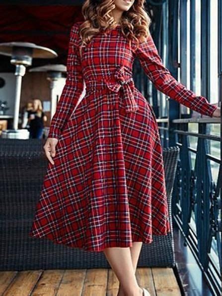 Fashion Long Sleeve Red Plaid Midi Dress M Long Sleeve Skater Dress