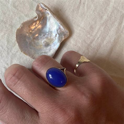 Vintage Blauer Chalcedon Gold Ring Kobaltblauer Ovaler Cabochon 9 Karat