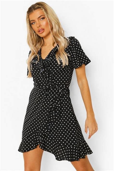 Dresses Woven Polka Dot Wrap Front Ruffle Tea Dress Boohoo