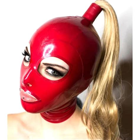 Alibaba Adult Sexy Rubber Hood Cosplay Role Play Latex Mask With Blonde Wig Ponytail Red