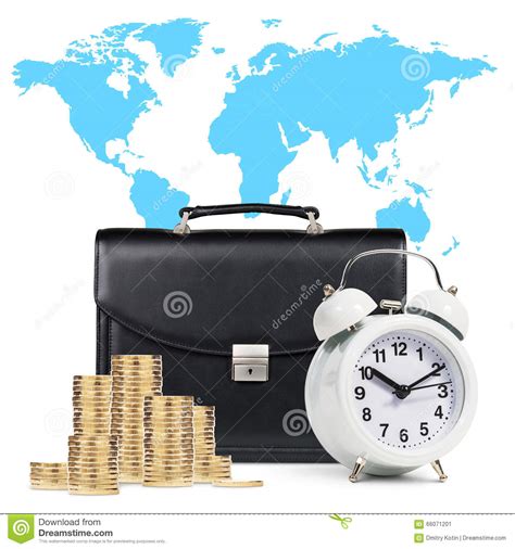 Alarm Clock Briefcase Coins Map Isolated Stock Image Image Of