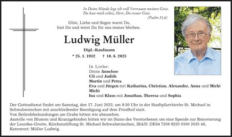 Traueranzeigen von Ludwig Müller Augsburger Allgemeine Zeitung