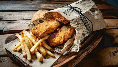 Fish And Chips Wrapped In Newspapers Traditional Food On A Plate In