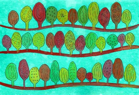 Hand Drawn Watercolor Illustration Of A Stylized Autumn Forest Stock