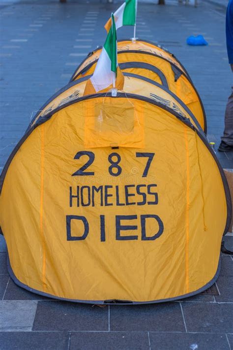 Small Yellow Sleeping Tent Showing The Numbers Of Dead Homeless People In A Protest In Dublin