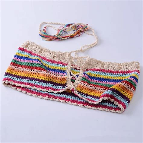 Colorful Stripes Bathing Suit Sexy Biquini Womens Handmade Crochet Knit Bikini Set Swimwear Set
