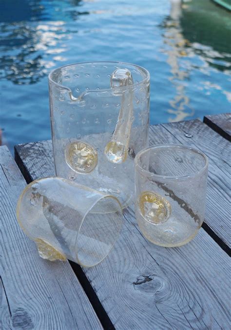 Set Di Bicchieri Vetro Murano Con Caraffa Teste Di Leone Made