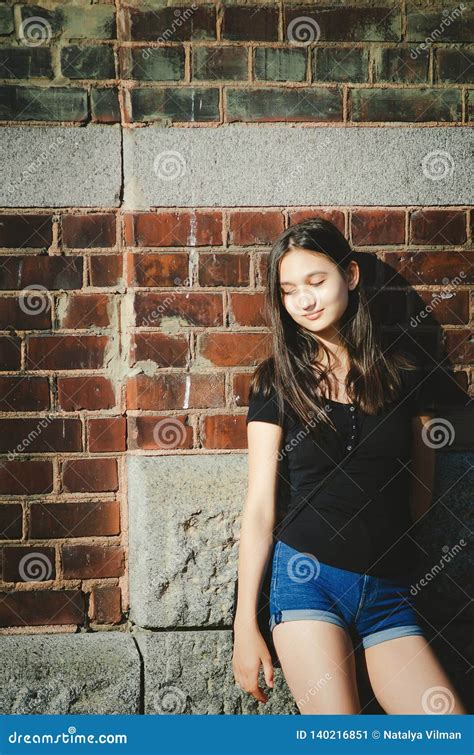 Beautiful Long Haired Girl On Brick Wall Background Stock Image Image