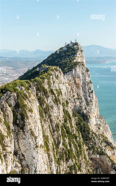 Aerial View Of Top Of Gibraltar Rock In Upper Rock Natural Reserve On The Left Gibraltar Town