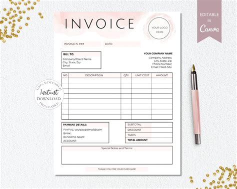 SunRayArt Designs Invoice Editable Template Small Business Forms