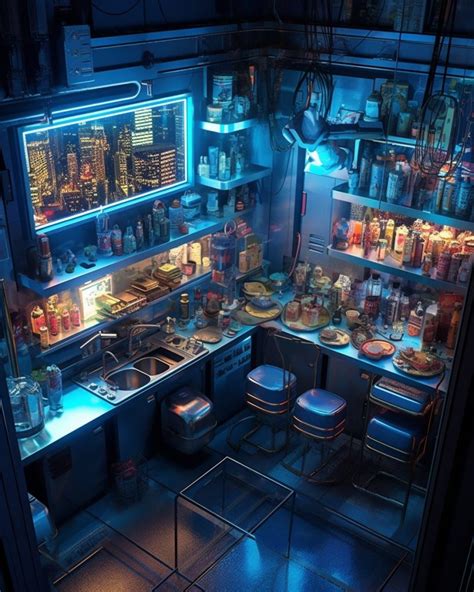 High Ceiling Cyberpunk Kitchen