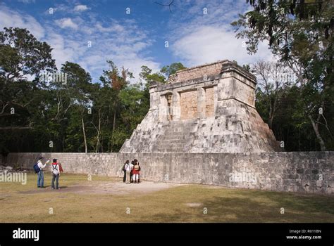 Tourists View The Temple Of The Bearded Man Chichen Itza Yucatan