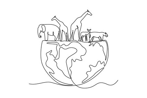 Single one-line drawing of various animals on half the earth. Earth day concept. continuous line ...