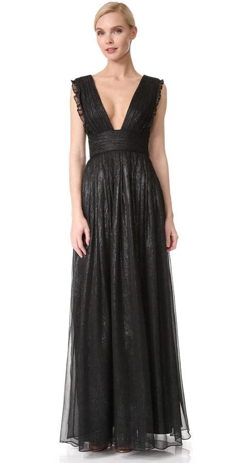 Monique Lhuillier Bridesmaids V Neck Metallic Ruffle Gown 2788404