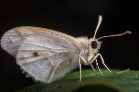 Una Mariposa Blanca Con Cara Negra Y Ojos Negros Se Sienta En Una Hoja